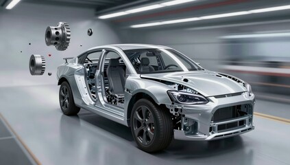 Obraz premium Exploded view of a modern silver sports car chassis with internal components floating nearby