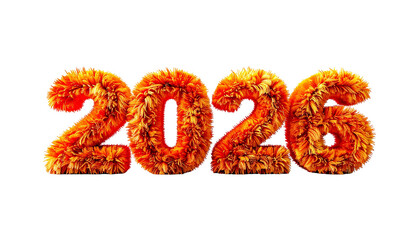 Fluffy orange numerals, "2026," float on a dark background