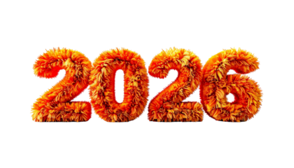 Fluffy orange numerals, "2026," float on a dark background