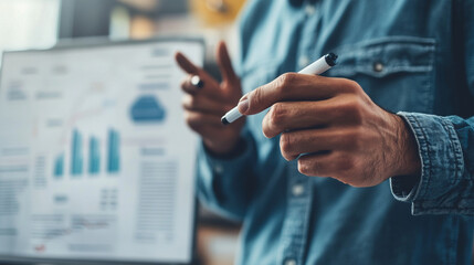 Close-up of consultant gesturing confidently with marker, strategic planning diagram visible, inclusive teamwork concept, high-resolution stock realism