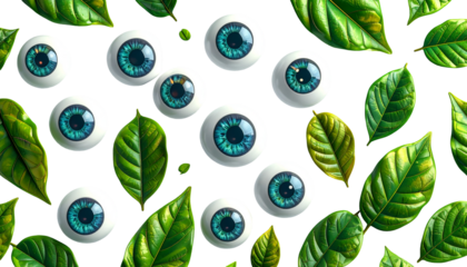 Several eyes with blue irises amongst lush green leaves on a black background