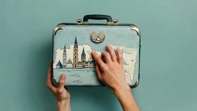 Hands holding a vintage suitcase with a painted cityscape and map design.