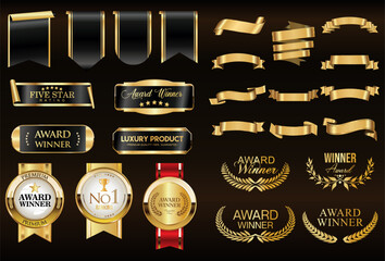 Award Winners gold and black medal logo white emblems, premium quality badges and laurels collection stock illustration 