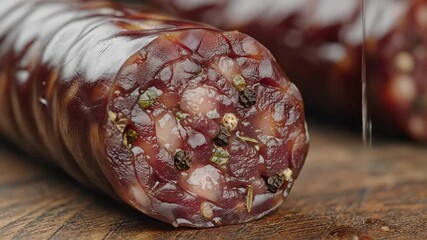 Extremely closeup view of a freshly sliced artisanal cured salami showcasing its rich coarse texture with visible peppercorns and marbled fat resting on a rustic wooden cutting board highlighting tra.