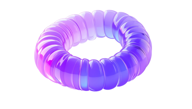 Rendered, translucent, torus shape in gradient purple and blue, on black - Powered by Adobe