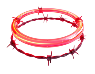 A neon red ring floating above and around barbed wire ring on black
