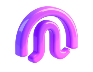 Glossy, abstract 3D shape, purple and pink gradient, on black background