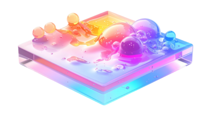 Translucent isometric layered block with vibrant, colorful liquid splashes