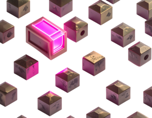 Cubical objects, one illuminated pink, spread against a black backdrop