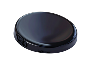 Glossy, black puck with worn edge, floating on black background