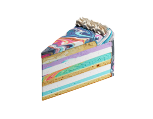 Slice of layered cake with swirled frosting and colorful interior