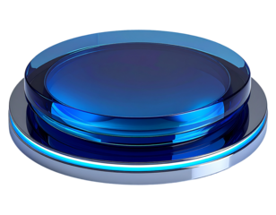 A glowing blue glass circular platform on a metallic base
