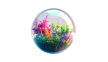 Vibrant, colorful plant life encased within a transparent sphere