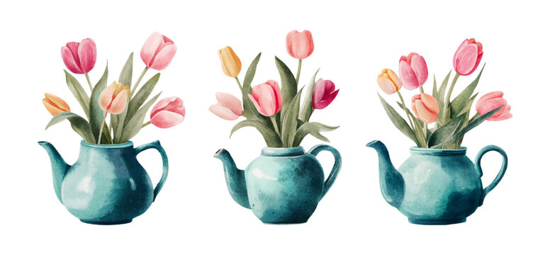 Spring tulip bouquet in teapot set. Watercolor tulips  flowers with vintage vase. Delicate floral illustration isolated on white background for botanical art lovers. Vector illustration.