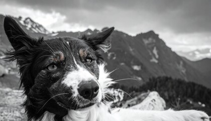 A close-up, black and white portrait of a dog with distinctive markings, set against a blurred mountainous landscape.