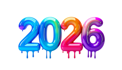 Vivid, stylized, glossy "2026" numerals with drippy paint effect, black background