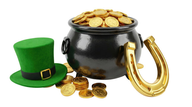 Happy st patricks day green hat black pot filled with gold coins golden horseshoe and scattered coins are visible no background