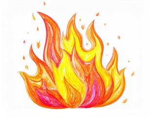 yellow, orange, red pencils painting of fire flames isolated on white paper background