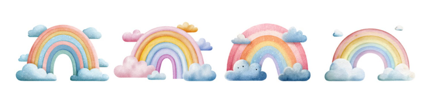 Adorable watercolor rainbow collection featuring clouds. Perfect cartoon set for baby birthday cards, childish stickers, or playful nursery designs. Vector illustration.