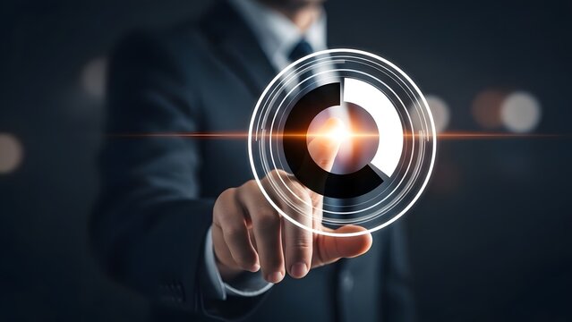 Businessman interacting with futuristic digital interface in a dark background setting - Powered by Adobe