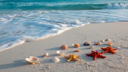 A serene beach scene with seashells and starfish on the sand as waves approach the shore.
