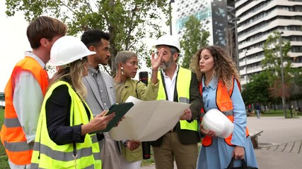 Diverse team of engineers and architects reviewing blueprints on construction site