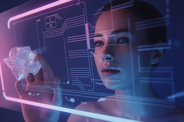 A cinematic portrait 3d render of a young woman interacting with a glowing pink and blue holographic digital interface featuring complex circuitry and data