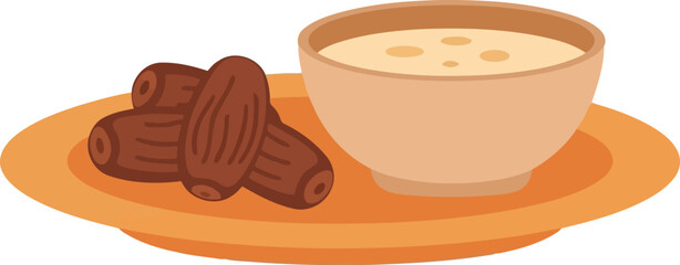 Ramadan Iftar Illustration with Dates and Traditional Soup on Plate, Festive Food Vector
