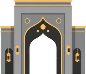 Elegant Ramadan Mosque Gate Vector Illustration with Islamic Lanterns and Gold Accents for Eid and Ramadan Designs