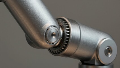 Close up of a brushed metal robotic arm joint with visible gears and bearings