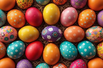 Fototapeta premium Colorful Easter eggs arranged in rows on woven background