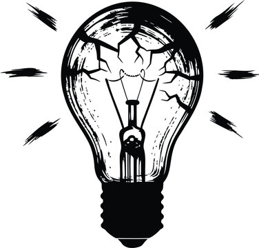 Vintage hand-drawn broken lightbulb illustration, cracked glass light bulb with glowing rays, grunge ink sketch of a damaged electric lamp