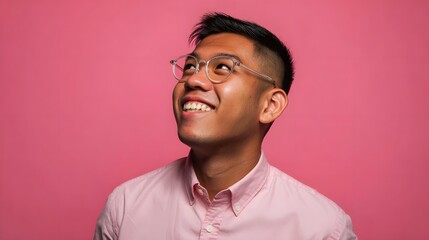 Young individual wearing clear frame glasses, radiates joy on a pink backdrop, optimism shines through as they look upwards, capturing a moment of inspiration and anticipation.