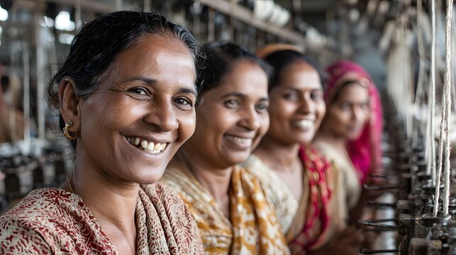 A group of women smile in a textile factory, their colorful attire reflecting their vibrant spirits. The repetitive machinery highlights the contrast between tradition and modernity.