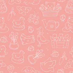 Cute Spring and Easter seamless pattern with doodles on pink background for wallpapers, textile prints, nursery decor, wrapping paper, etc. EPS 10