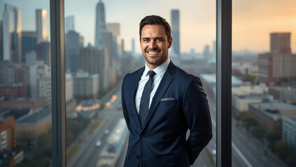 Fototapeta premium Confident corporate executive smiling in modern office with city skyline at sunset