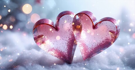 Obraz premium Pink hearts rest upon snow. Glitter sparkles, creating romantic winter scene. Soft focus, dreamy aesthetic.