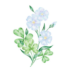 Obraz premium Green shamrock plant with blue flax flowers, hand painted watercolor illustration. Suitable for St Patricks Day botanical designs, greeting cards, posters, scrapbooking, textile