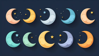 Illustration of six assorted crescent moon icons arranged in two rows, flat color style with soft shading, simple plain background. 