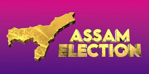 Assam Election Concept with Golden 3D Map and Bold Text on Purple Background