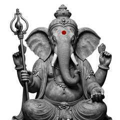 Fototapeta premium Detailed stone statue of elephant-headed deity with staff and ornate jewelry.