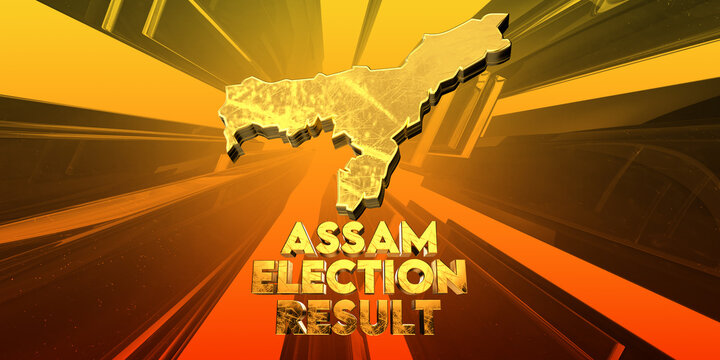 Assam Election Concept with Golden 3D Map and Bold Text on Purple Background
