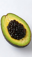 avocado on the white background with black caviar
