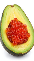 avocado on the white background with red caviar