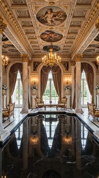 Opulent palatial interior with chandeliers, arches, and a reflective pool in a grand hall.