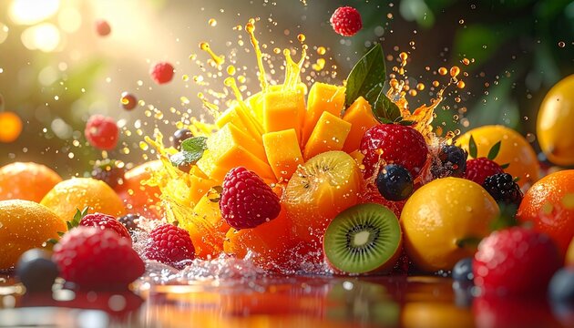 Frutas tropicales estallando en el aire en c&aacute;mara lenta, jugos y texturas ultra detalladas, colores intensos, sensaci&oacute;n de sabor &aacute;cido y dulce, energ&iacute;a y dinamismo, estilo publicitario de alto impacto