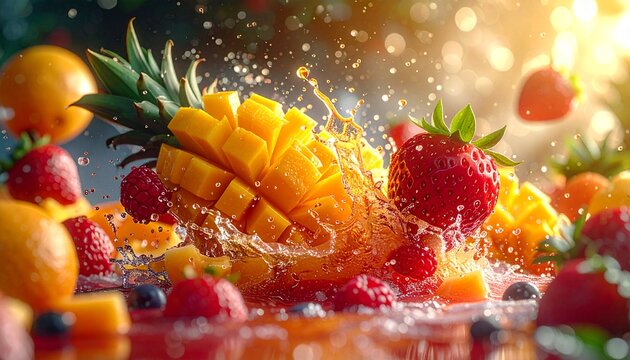 Frutas tropicales estallando en el aire en c&aacute;mara lenta, jugos y texturas ultra detalladas, colores intensos, sensaci&oacute;n de sabor &aacute;cido y dulce, energ&iacute;a y dinamismo, estilo publicitario de alto impacto