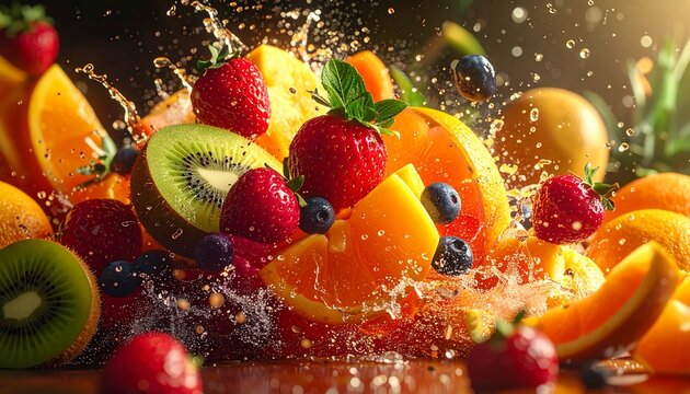Frutas tropicales estallando en el aire en c&aacute;mara lenta, jugos y texturas ultra detalladas, colores intensos, sensaci&oacute;n de sabor &aacute;cido y dulce, energ&iacute;a y dinamismo, estilo publicitario de alto impacto