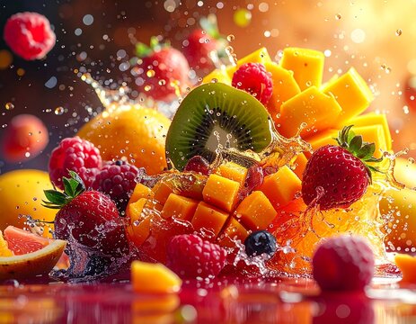 Frutas tropicales estallando en el aire en c&aacute;mara lenta, jugos y texturas ultra detalladas, colores intensos, sensaci&oacute;n de sabor &aacute;cido y dulce, energ&iacute;a y dinamismo, estilo publicitario de alto impacto
