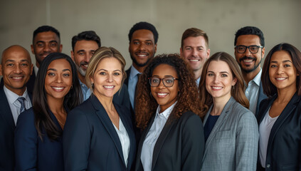 Fototapeta premium Diverse corporate team of professionals smiling confidently business attire office photoshoot